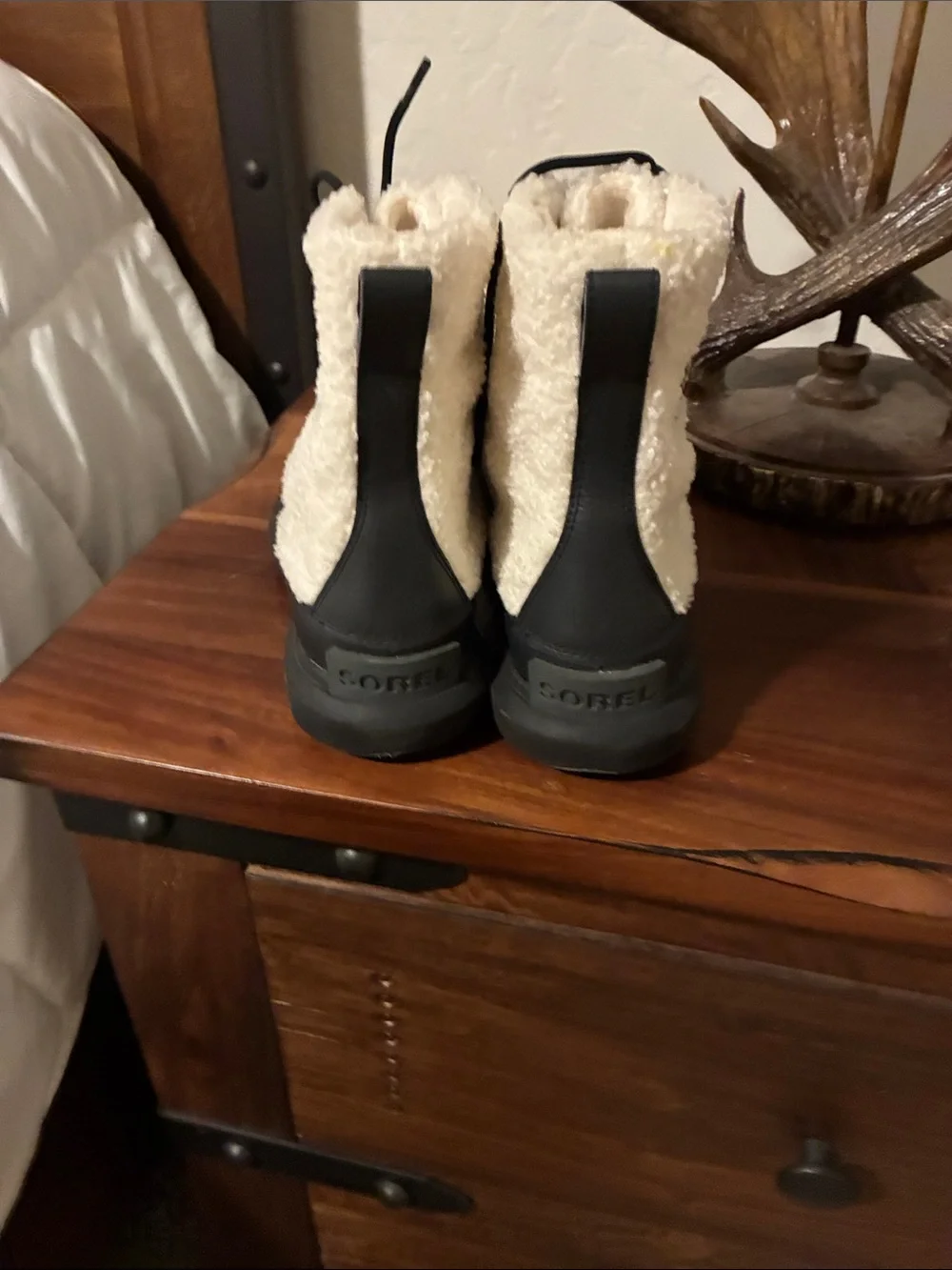 Sorel Cream Sherpa and Black Lace-Up Winter Boots